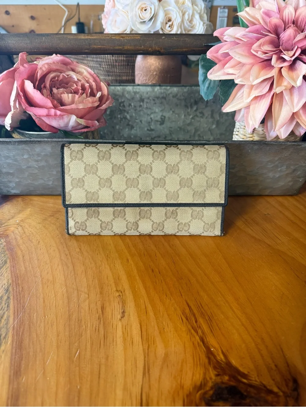 Gucci Beige and Dark Brown Monogram Fold Wallet 2573034276